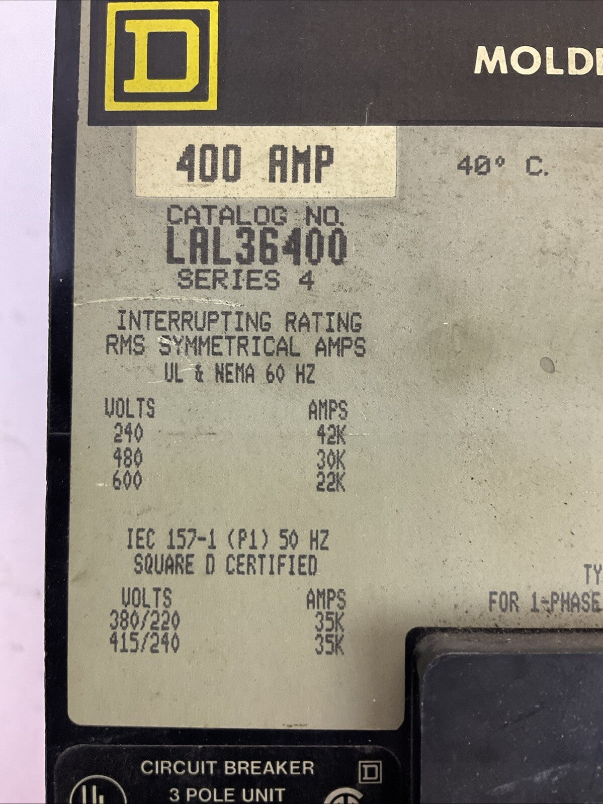 SQUARE D LAL36400 CIRCUIT BREAKER 600VAC 400AMP 3POLE