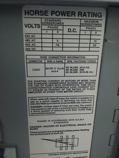 SIEMENS V7E3611R SER.A TWIN FUSIBLE VACU BREAK PANELBOARD SWITCH 600V 30A 20HP