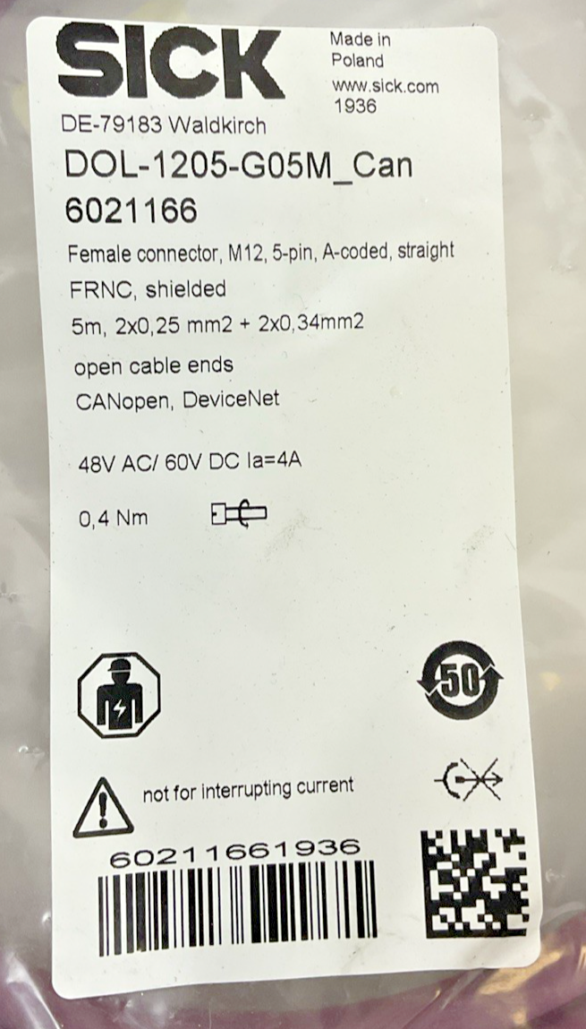 SICK DOL-1205-G05M CORDSET M12 5PIN SHIELDED 48VAC 60VDC