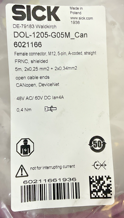 SICK DOL-1205-G05M CORDSET M12 5PIN SHIELDED 48VAC 60VDC