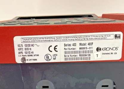 KRONOS 8600615-011 TIME CLOCK SER.400 MODEL 480F 120/230VAC 60/50HZ 150A 100MA