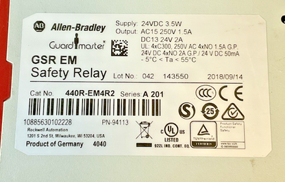 ALLEN BRADLEY 440R-EM4R2 SAFETY RELAY SER.A 201 24VDC GSR EM