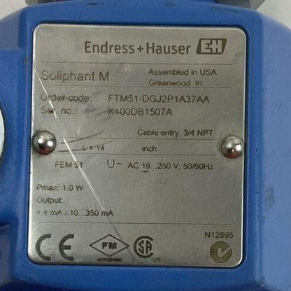 ENDRESS + HAUSER FTM51-DGJ2P1A37AA POINT LEVEL SWITCH 19...250VAC 50/60HZ