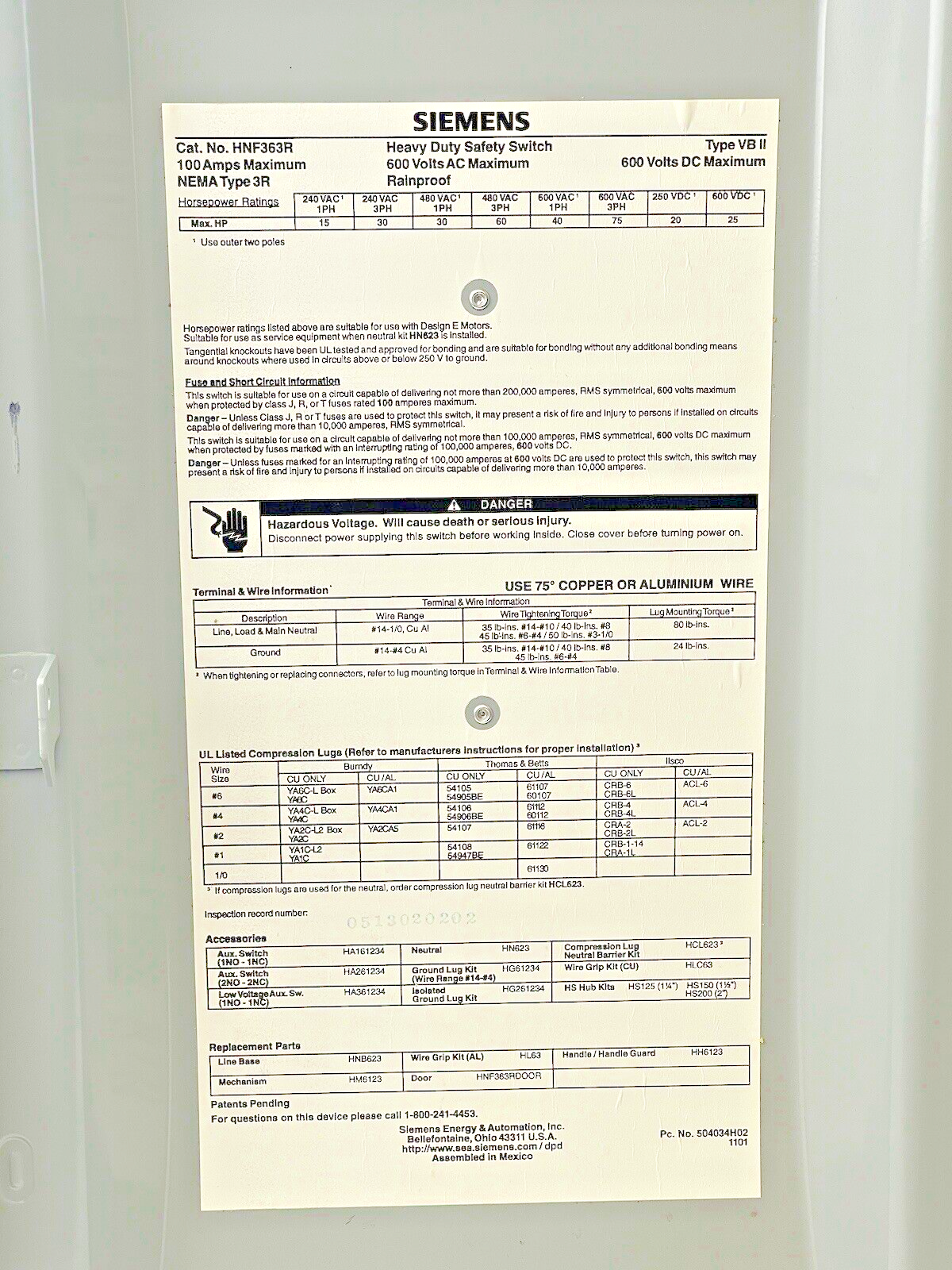 SIEMENS - HNF363R - RAINPROOF ENCLOSED SWITCH-3 POLE, 100A, 600 VAC, 600 VDC, 3R