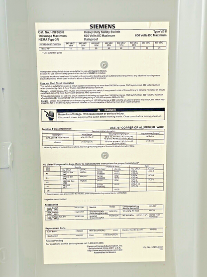 SIEMENS - HNF363R - RAINPROOF ENCLOSED SWITCH-3 POLE, 100A, 600 VAC, 600 VDC, 3R