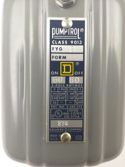 SQUARE D 9013 FYG2 PRESSURE SWITCH, 60-80PSI, 2P, 3PH, 115/230/32V, 3HP