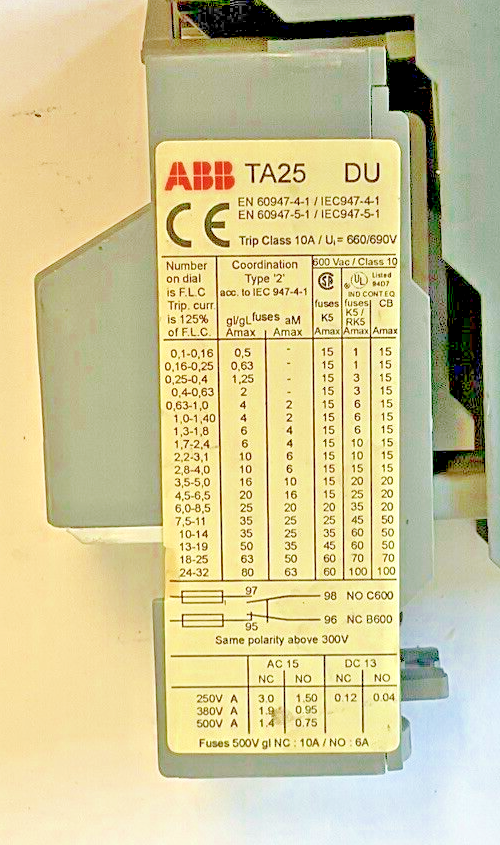 ABB TA25 OVERLOAD RELAY WITH AUX CONTACT 10A 690V