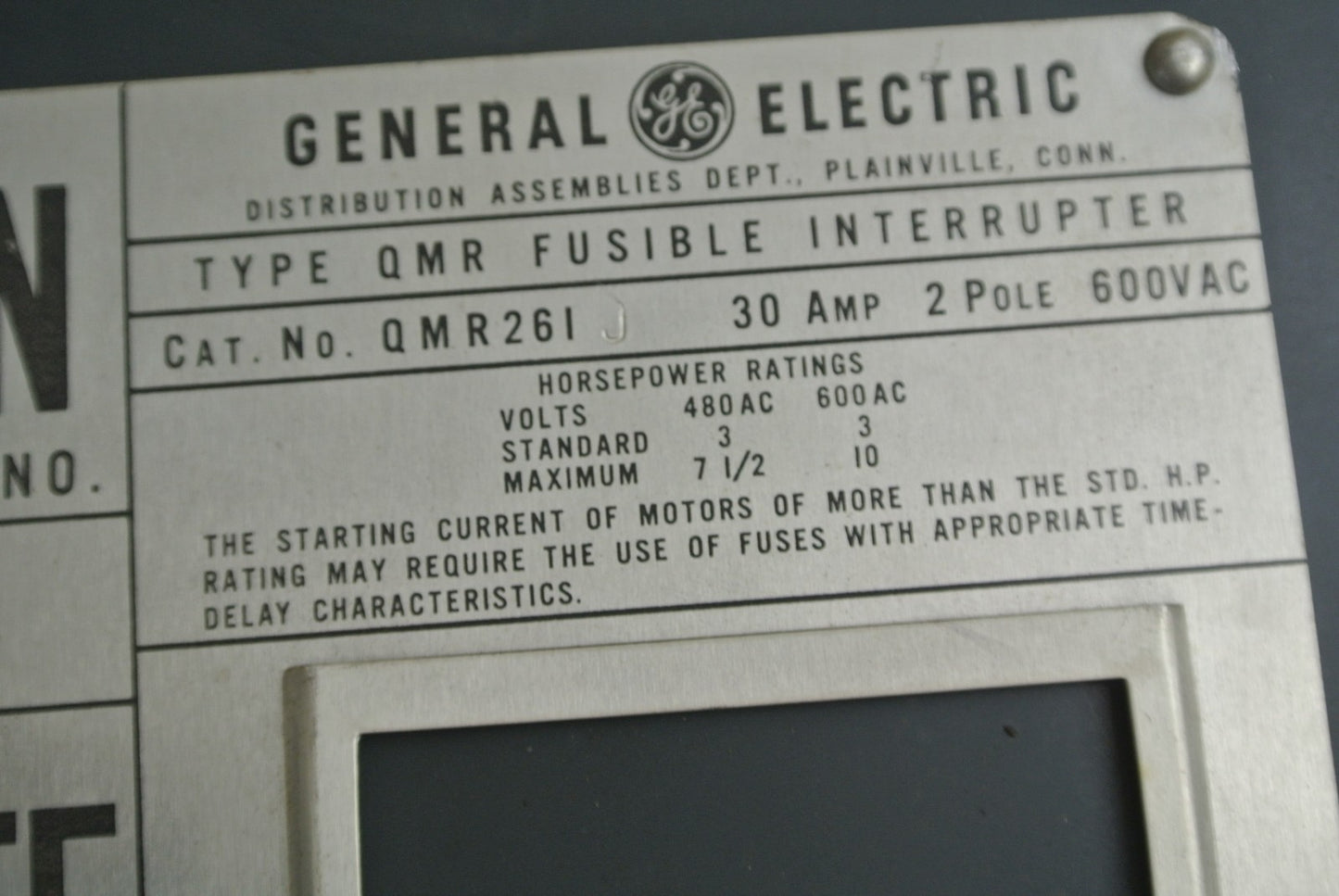 GE QMR261J - FUSIBLE DISCONNECT / PANELBOARD SWITCH - 600VAC, 30A, 2-POLE