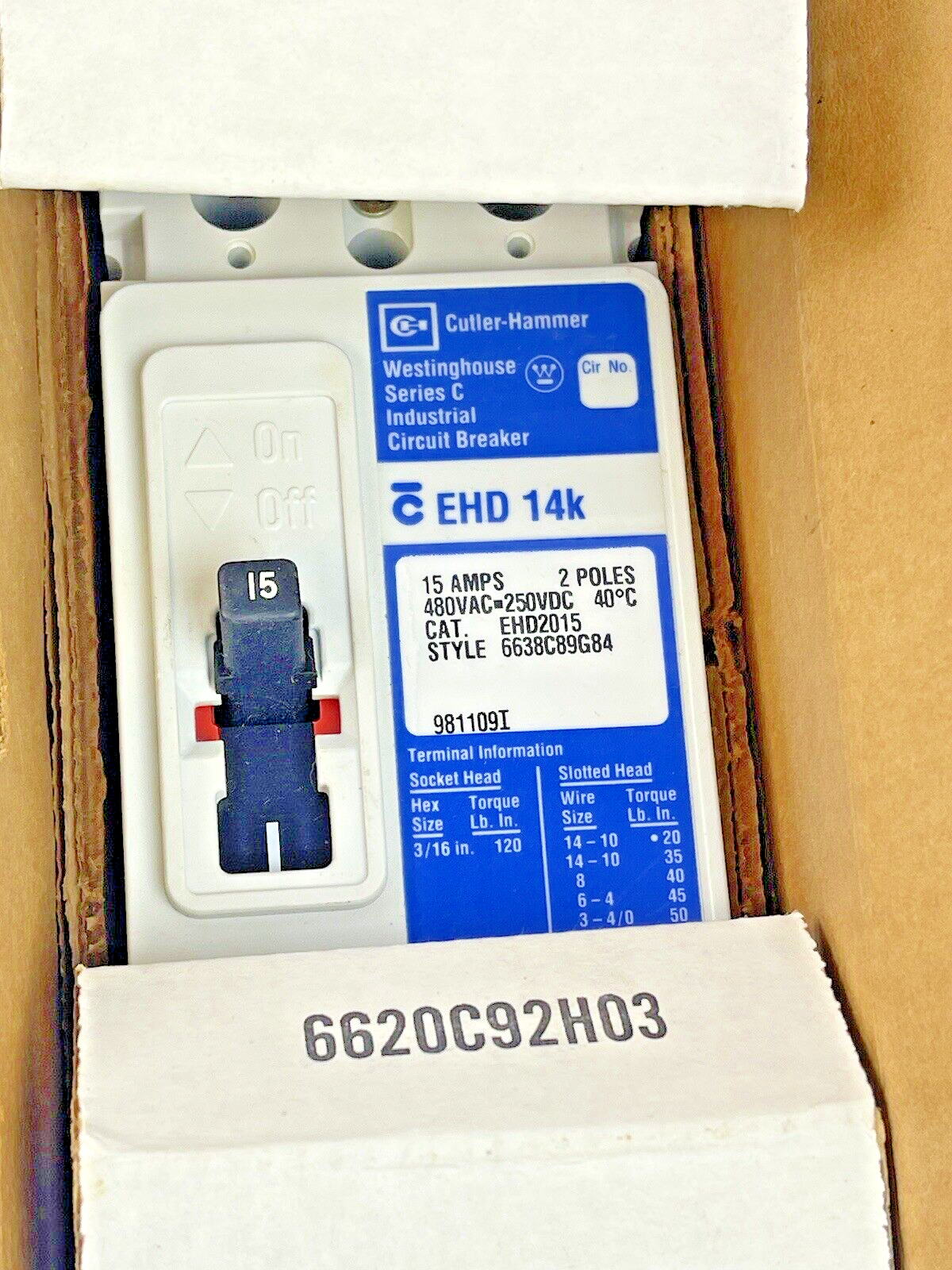 CUTLER HAMMER - WESTINGHOUSE - EHD2015 -  CIRCUIT BREAKER - 15A/2 POLE/480 VAC