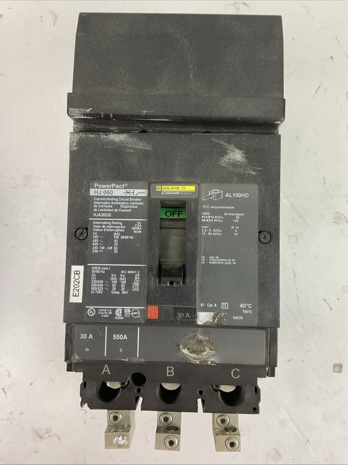 SQUARE D HJA36030 POWERPACT CURRENT LIMITING CIRCUIT BREAKER 30A 600VAC 250VDC