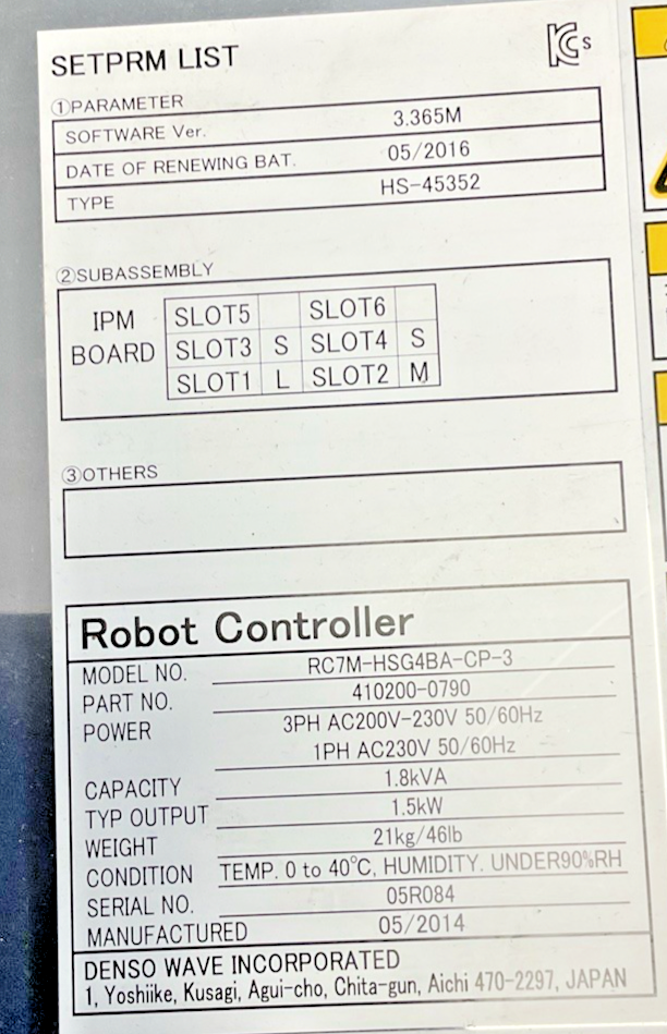 DENSO HS-45352M INDUSTRIAL ROBOT ARM W/ DENSO RC7M-HSG4BA-CP-3 ROBOT CONTROLLER