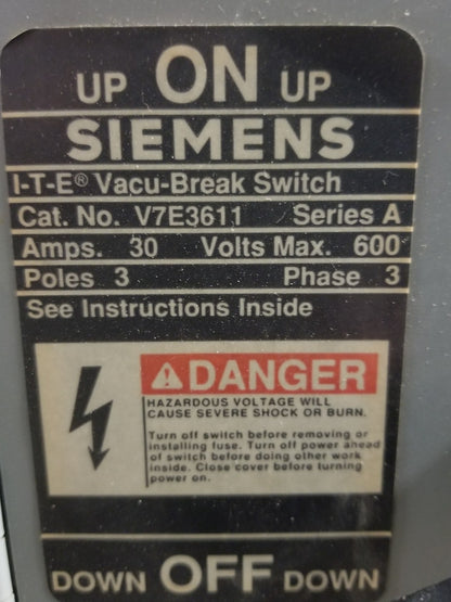 SIEMENS V7E3611R 30/30A 600V 3Ph