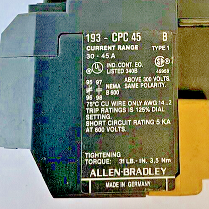 ALLEN BRADLEY 193-CPC45 OVERLOAD RELAY SER.B 30-45A