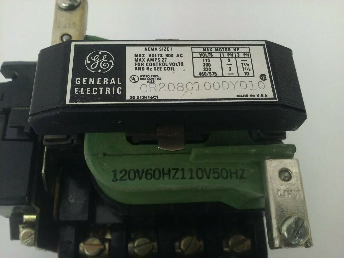 GENERAL ELECTRIC CR208C100DYD10 STARTER SIZE 1 600V 27A 3PH 10HP 120V COIL