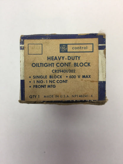 GE CR2940U202 HEAVY DUTY OILTIGHT CONTACT BLOCK 600V 1 NO 1 NC CONT