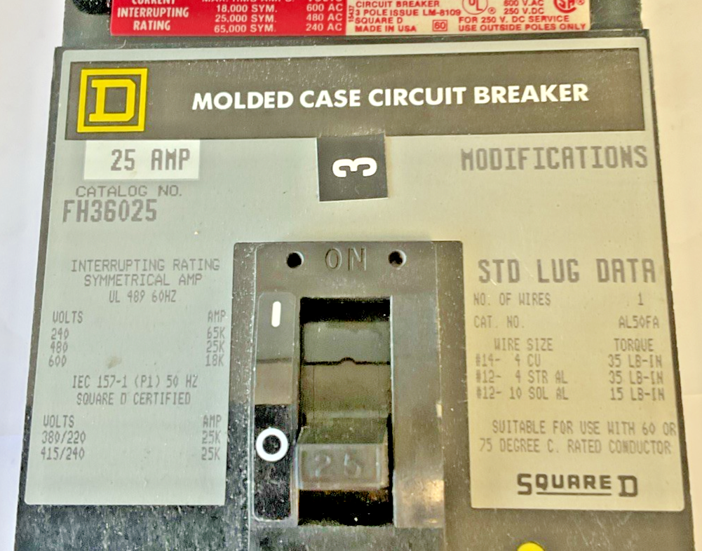 SQUARE D FH36025 CIRCUIT BREAKER 25A 3P 600VAC