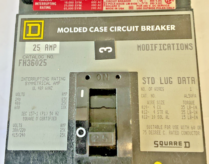 SQUARE D FH36025 CIRCUIT BREAKER 25A 3P 600VAC