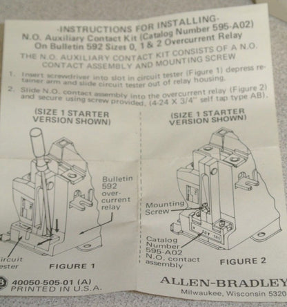 ALLEN-BRADLEY 595-A02 AUXILIARY CONTACT / 1 N.O. / SIZES 0-2 & 5-9 / NEW SURPLUS