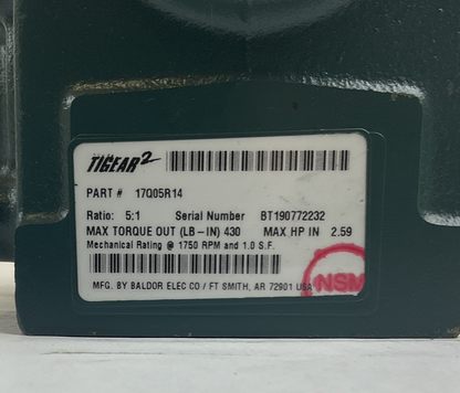 DODGE 17Q05R14 TIGEAR-2 GEAR REDUCER RATIO 5:1 1750RPM 2.59HP *HAS SHELF WEAR*