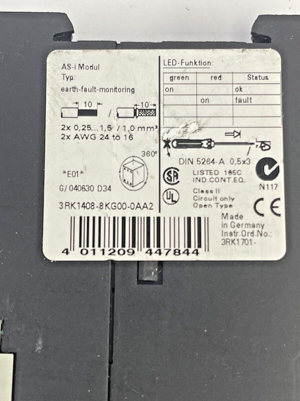 SIEMENS - 3RK1408-8KG00-0AA2 - AS-i GROUND FAULT MODULE  IP20 S22.5 -Relay (24V)