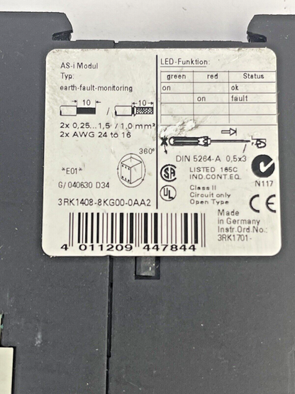 SIEMENS - 3RK1408-8KG00-0AA2 - AS-i GROUND FAULT MODULE  IP20 S22.5 -Relay (24V)