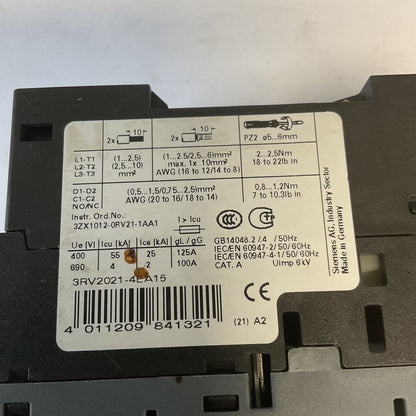 SIEMENS 3RV2021-4EA15 CIRCUIT BREAKER 400A CAT.A