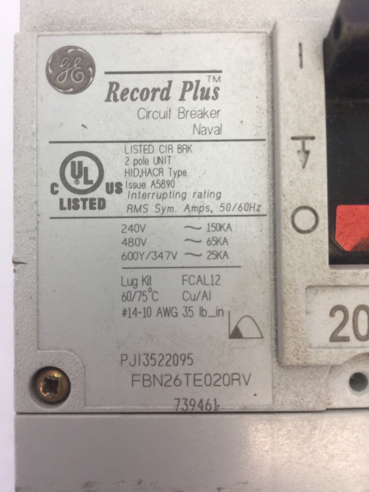 GE FBN26TE020RV RECORD PLUS CIRCUIT BREAKER 20A 240/480VAC 600Y/347VAC 50/60HZ