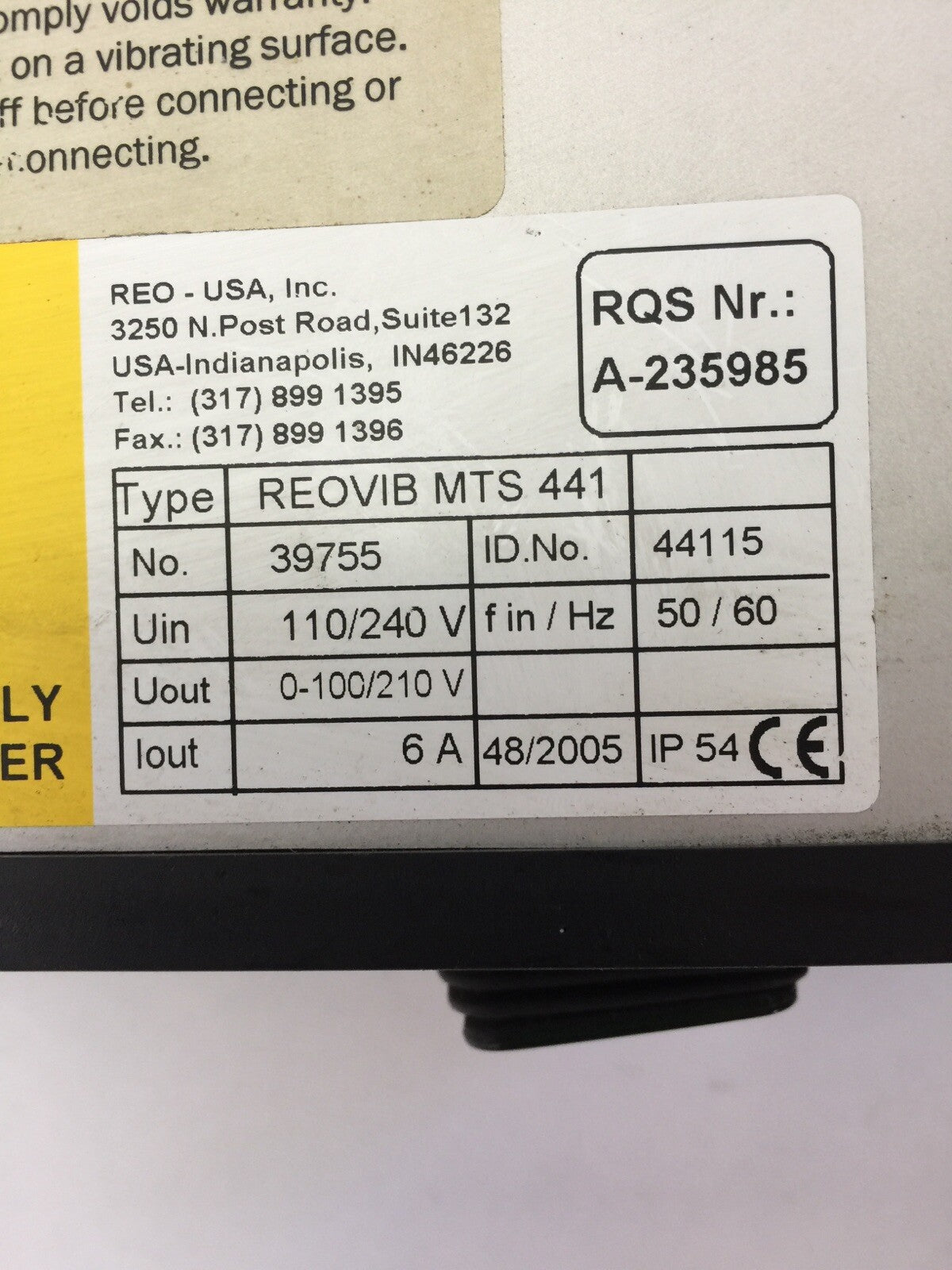 REO REOVIB MTS 441 VARIABLE FREQUENCY CONTROL 110/240V 50/60HZ OUT 0-100/210V 6A