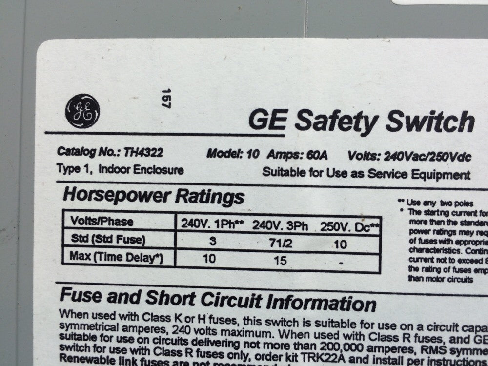 GENERAL ELECTRIC TH4322 60 AMP FUSIBLE SAFETY SWITCH TYPE 1