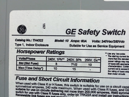 GENERAL ELECTRIC TH4322 60 AMP FUSIBLE SAFETY SWITCH TYPE 1