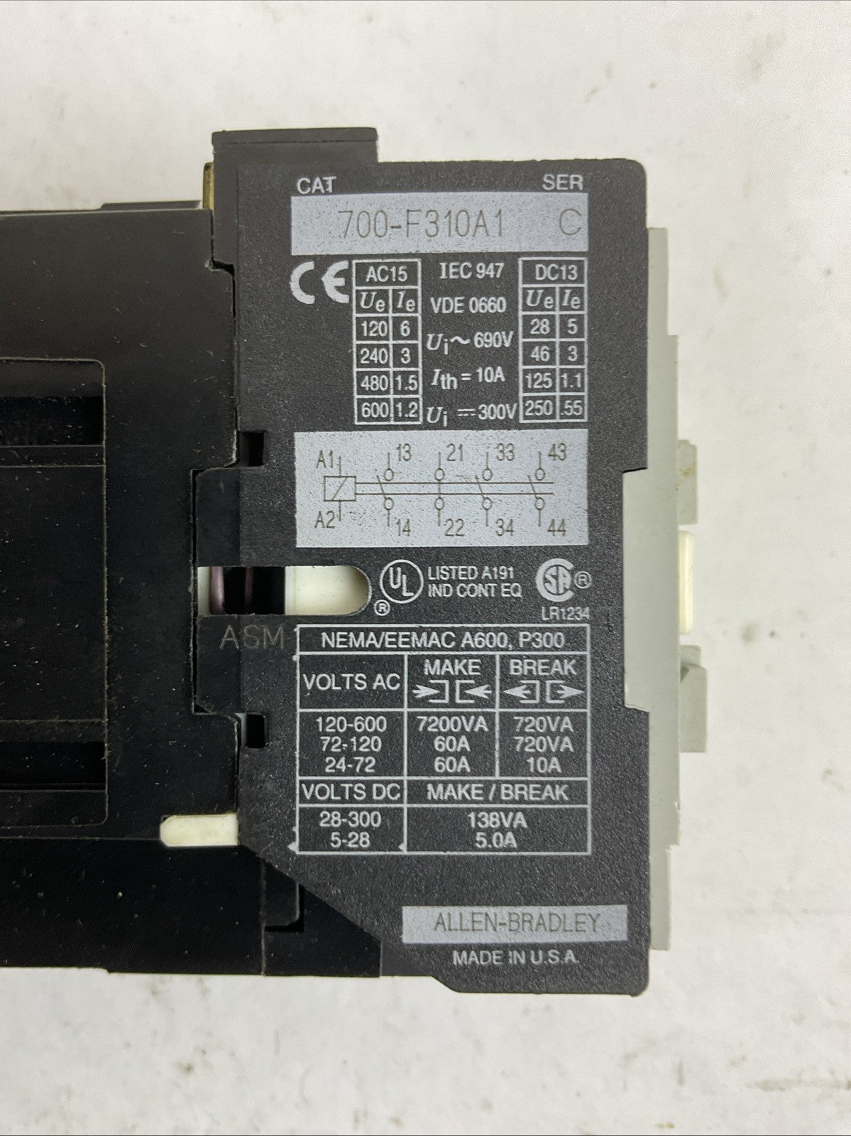 ALLEN BRADLEY 700-F310A1 SER C CONTACTOR HA473 COIL 120V 60HZ 110V 50HZ