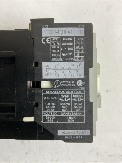 ALLEN BRADLEY 700-F310A1 SER C CONTACTOR HA473 COIL 120V 60HZ 110V 50HZ