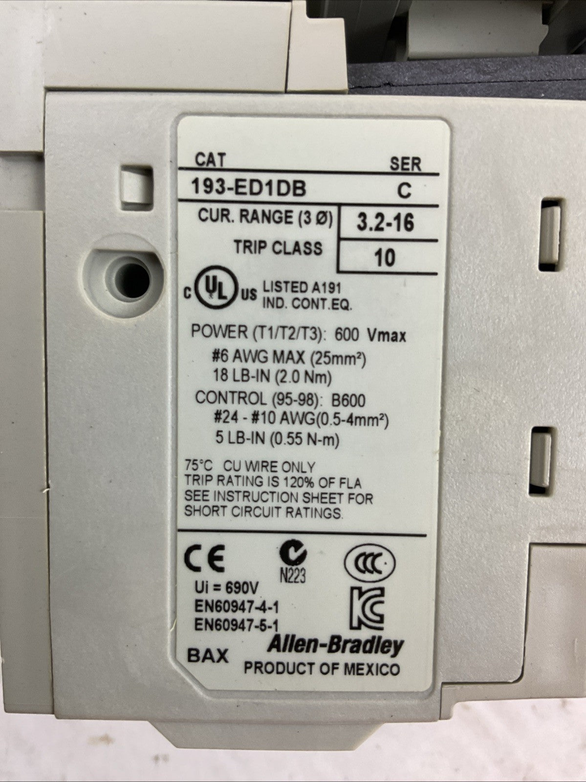 ALLEN BRADLEY STARTER (100-C09D*10 SER A COIL 24VDC + 193-ED1DB 3.2-16A SER C)