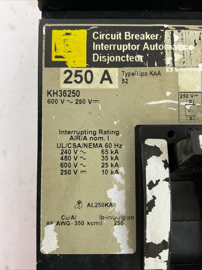 SQUARE D KH36250 CIRCUIT BREAKER 600VAC 250VDC 3POLE 250AMP