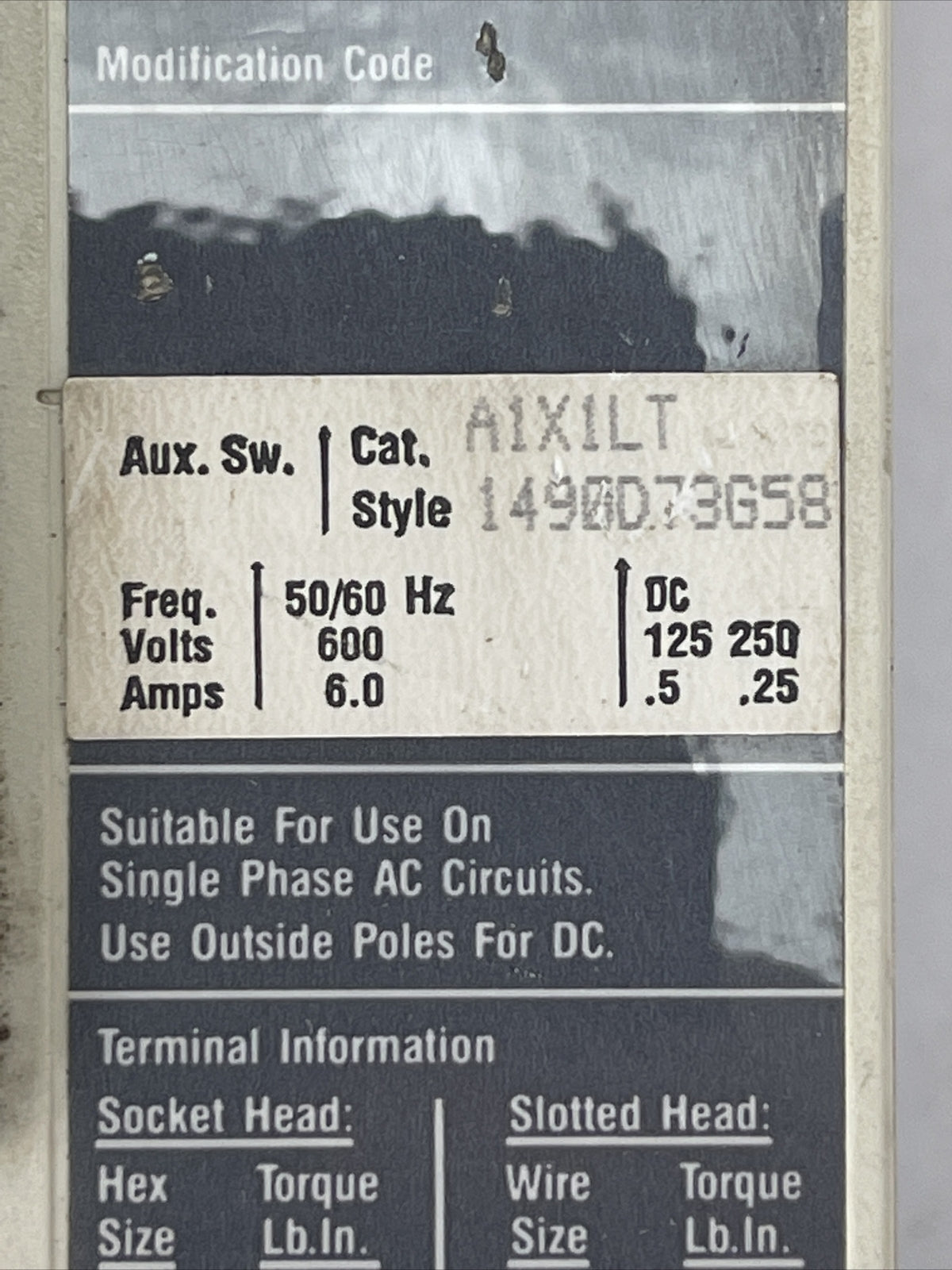 WESTINGHOUSE HMCP030I:1CA04 30AMP 3POLE 600VAC 250VDC AUX. SW. A1X1LT 1490D73G58