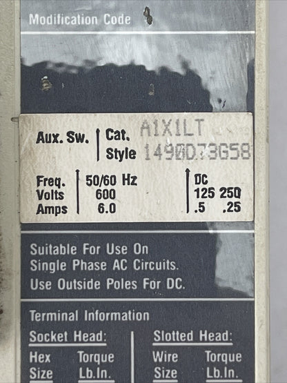 WESTINGHOUSE HMCP030I:1CA04 30AMP 3POLE 600VAC 250VDC AUX. SW. A1X1LT 1490D73G58
