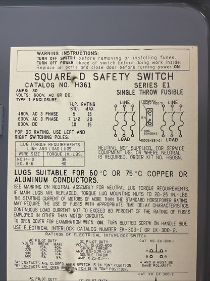 SQUARE D H361 SERIES E1 30AMP 600VAC 3PH 20HP 600VDC 15HP FUSIBLE SAFETY SWITCH