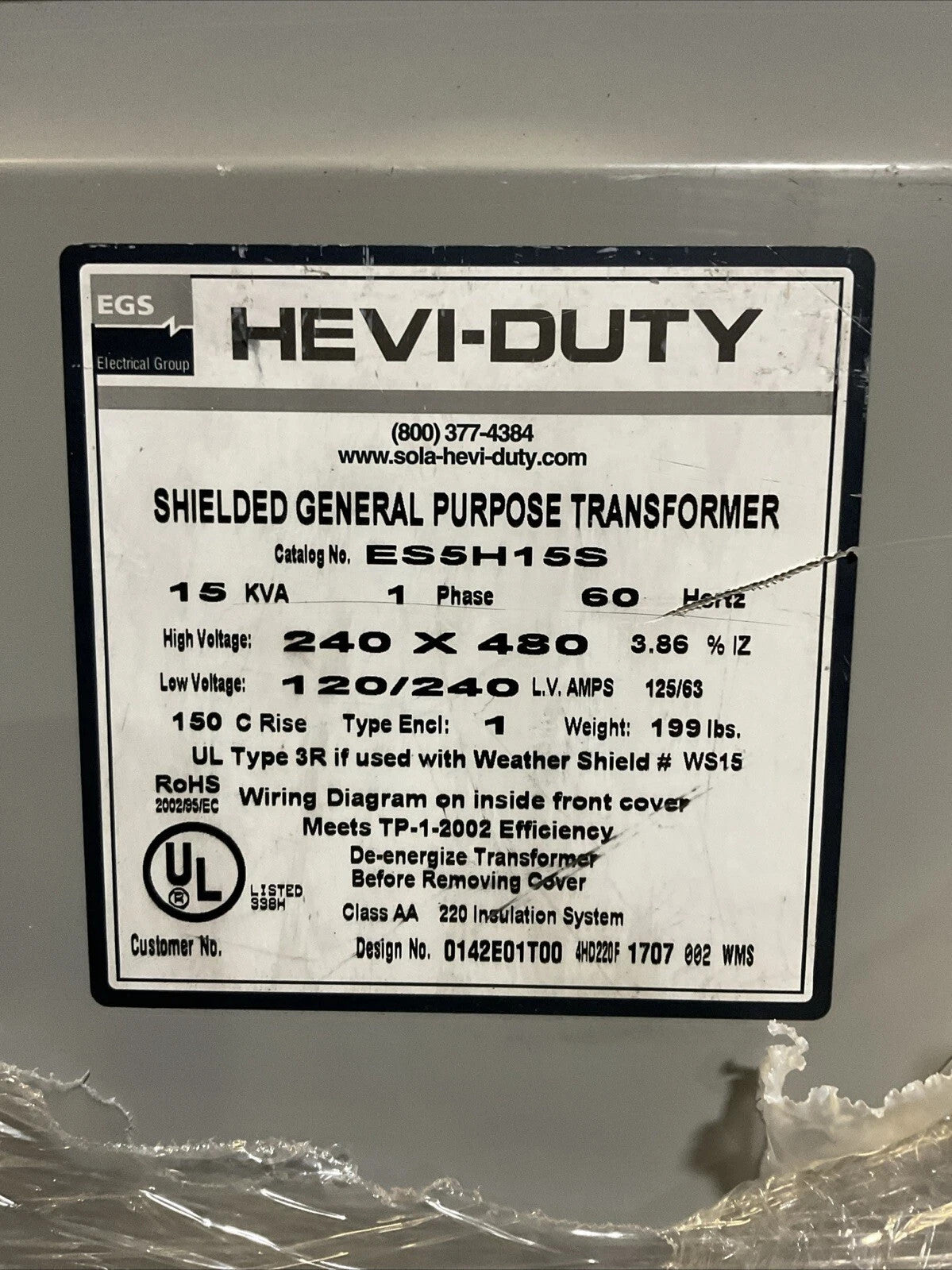 EGS ES5H15S TRANSFORMER 15KVA 1PH 60HZ HIGH VOLTAGE 240X480 LOW VOLTAGE 120/240
