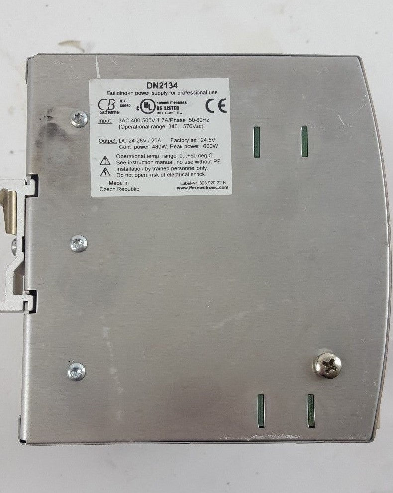 IFM DN2134 POWER SUPPLY 3AC 400-500V 1.7A/PHASE OUTPUT 24-28 VDC 600W 20A