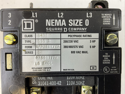 SQUARE D 8536SBG2 SIZE 0 STARTER 600VAC 5HP B4.15 HEATERS 31041-400-42 COIL 120V