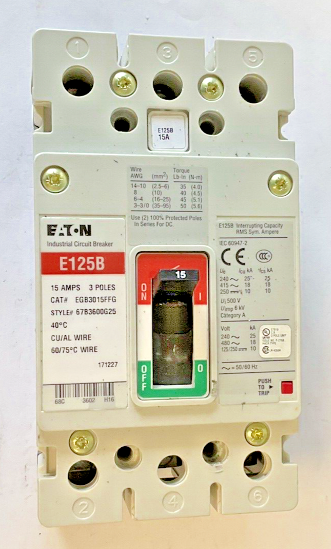 EATON EGB3015FFG CIRCUIT BREAKER 15AMPS 3POLE 250VDC 50/60HZ E125B