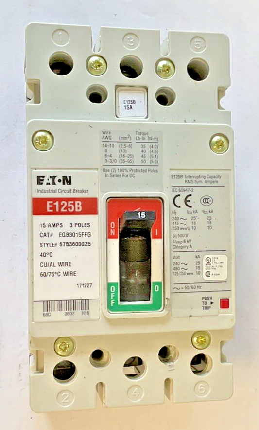 EATON EGB3015FFG CIRCUIT BREAKER 15AMPS 3POLE 250VDC 50/60HZ E125B