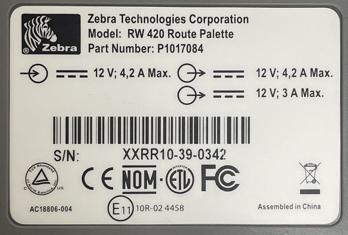 ZEBRA TECHNOLOGIES CORPERATION RW 420 ROUTE PALETTE 12VDC 4.2A