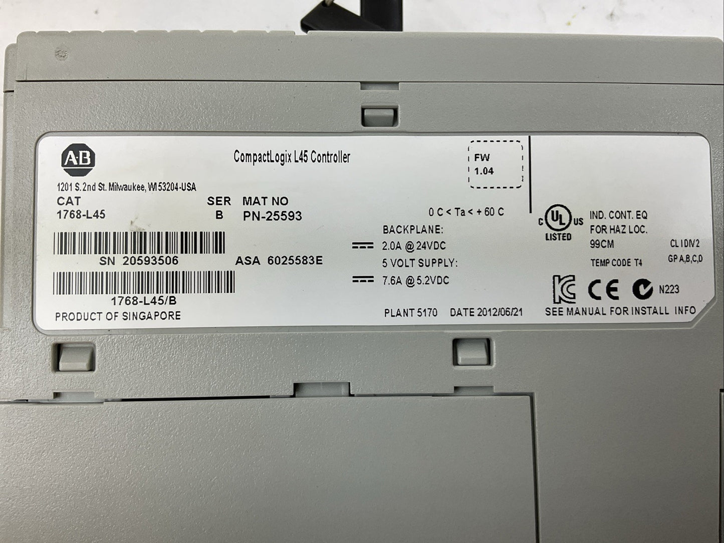 ALLEN BRADLEY 1768-L45 SER B F/W 1.04 COMPACTLOGIX L45 CONTROLLER