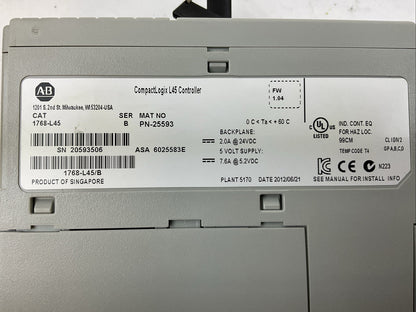 ALLEN BRADLEY 1768-L45 SER B F/W 1.04 COMPACTLOGIX L45 CONTROLLER