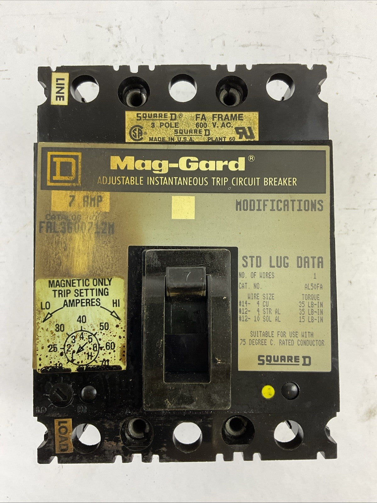 SQUARE D FAL3600712M 7AMP 600VAC 3POLE ADJ. INSTANTANEOUS TRIP CIRCUIT BREAKER