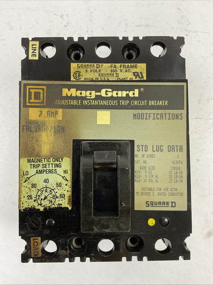 SQUARE D FAL3600712M 7AMP 600VAC 3POLE ADJ. INSTANTANEOUS TRIP CIRCUIT BREAKER
