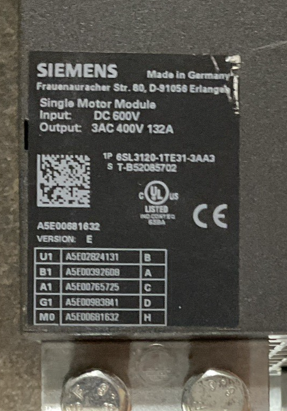 SIEMENS 6SL3120-1TE31- 3AA3 SINGLE MOTOR MODULE 600VDC 132A VER.E