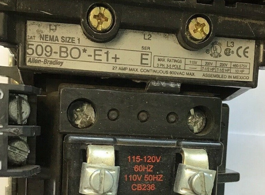 ALLEN-BRADLEY 509-BO*-E1+ SIZE 1 STARTER 120 V COIL  W/592-EECC W/595-A SER.C