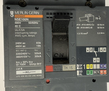 MERLIN GERIN NSE100N NENL34015 CIRCUIT BREAKER 15A 480V *SHUNT WIRE LENGTH VARY*